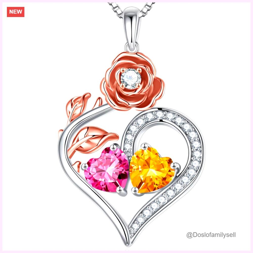 Sterling Silver Double Birthstone Necklace Elegant Rose Heart Pendant Gift